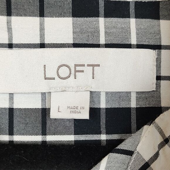 LOFT Long Sleeve Button Down Ruffled Blouse Black and White Plaid - Picture 2 of 12